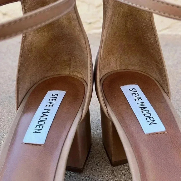 Steve Madden Irenee Block Leather Heels Sandals Ankle Strap Open Toe Neutral 8 - Picture 5 of 9